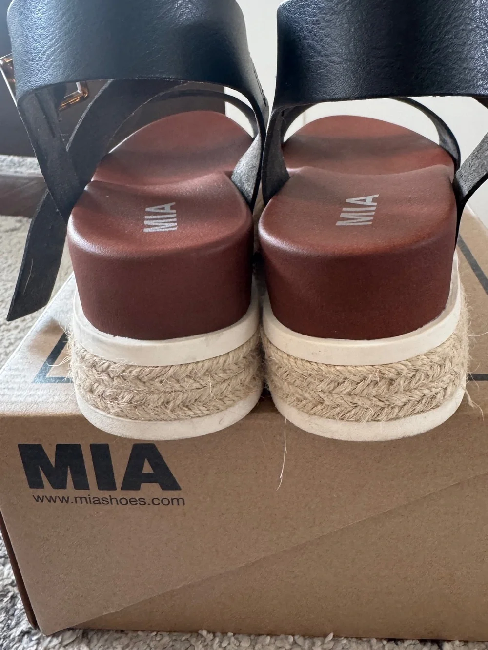 MIA Black Leather Platform Espadrille Sandal with Brown Footbed